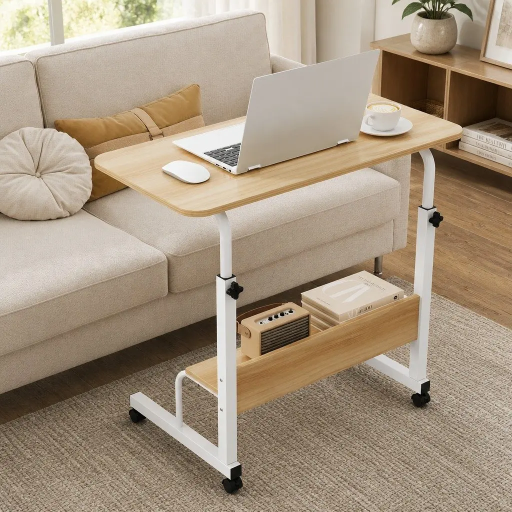 Height Adjustable Portable Laptop Desk with Caster Wheels and Open Storage Shelf for Flexible Workstation Use