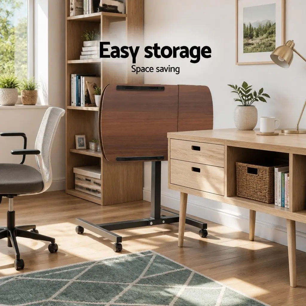 Mobile Laptop Desk Adjustable Height 360° Rotating with Tilt and Lockable Wheels Walnut Brown