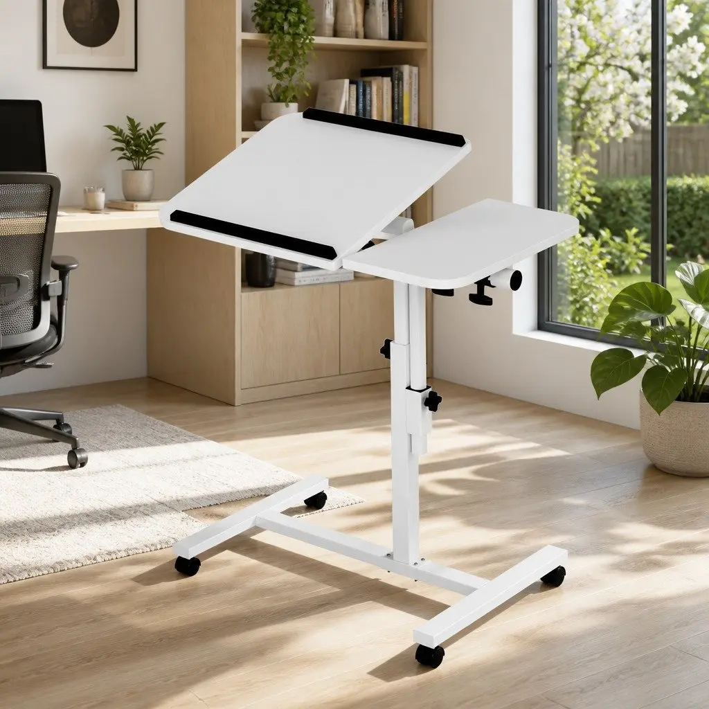 Mobile Laptop Desk Stand 60CM White Adjustable Height 360° Rotating Tilt with Lockable Wheels