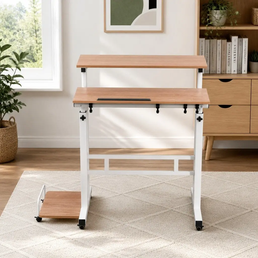 Mobile Twin Laptop Desk with Adjustable Height and Tilting Tabletop for Flexible Workspace Solutions in Light Wood