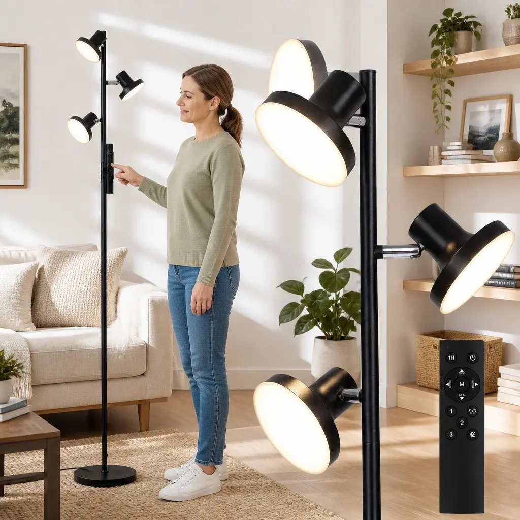 3-Head LED Floor Lamp 36W Dimmable Adjustable Spotlight Remote Control Touch Pole
