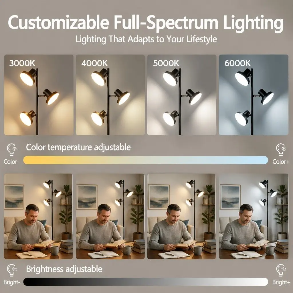 3-Head LED Floor Lamp 36W Dimmable Adjustable Spotlight Remote Control Touch Pole