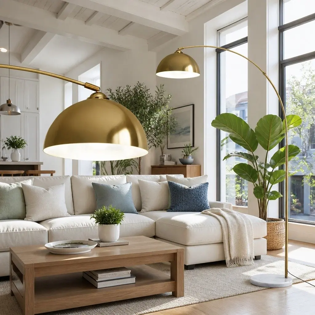 Modern Arched Floor Lamp Gold Standing Reading Light Marble Base Living Room
