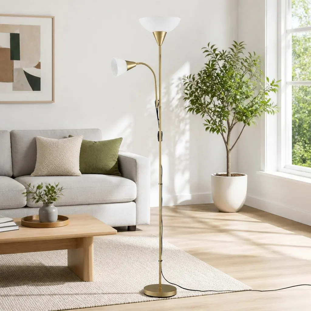 Gold Floor Lamp with Reading Light Adjustable Gooseneck Dual Head Standing Lamp