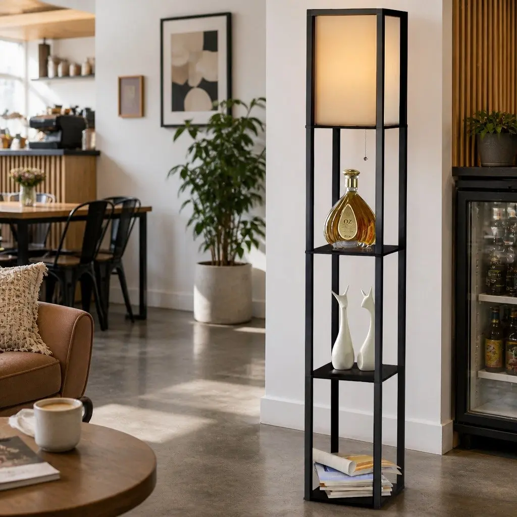 Floor Lamp 160cm Vintage Black with 3 Tier Shelf Storage Stand and LED Light