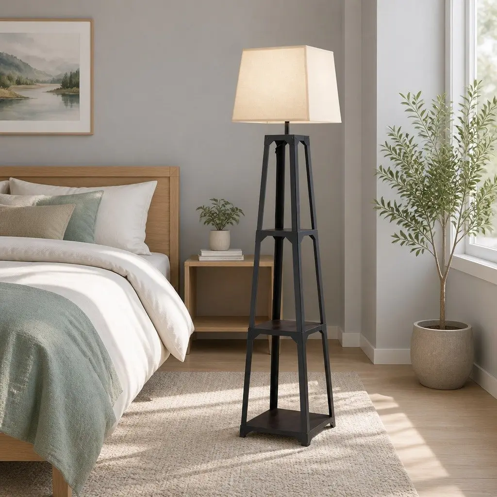 Floor Lamp 3 Tier Shelf Storage E27 LED Stand Black