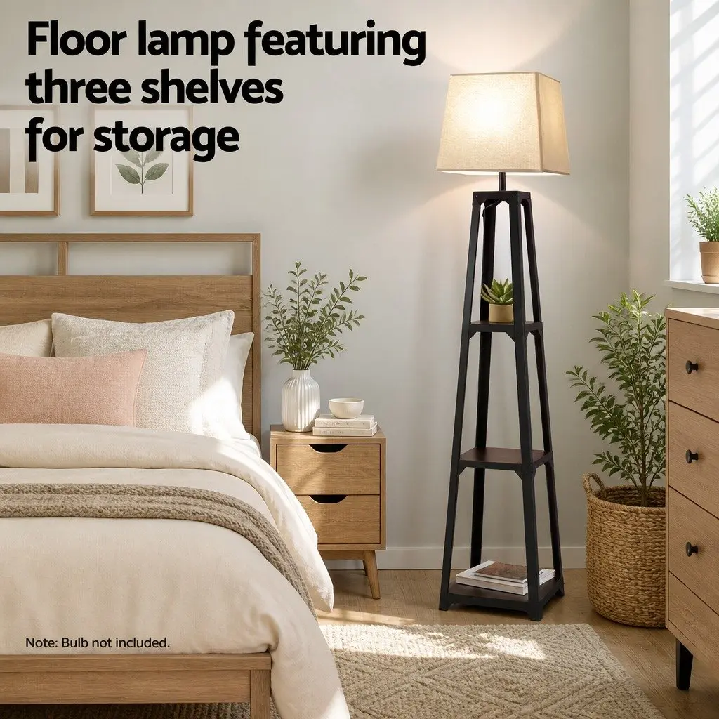 Floor Lamp 3 Tier Shelf Storage E27 LED Stand Black