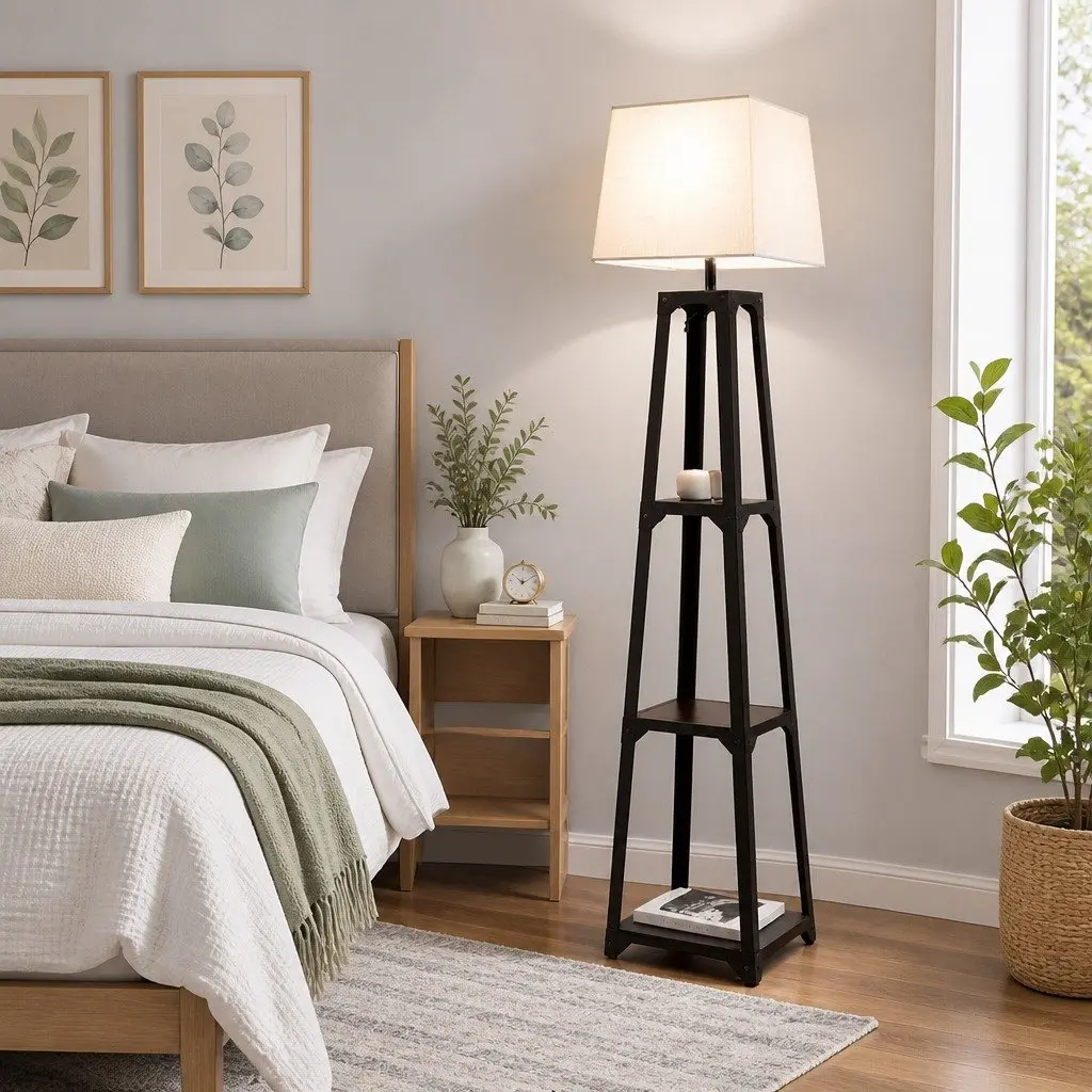 Floor Lamp 3 Tier Shelf Storage E27 LED Stand Black