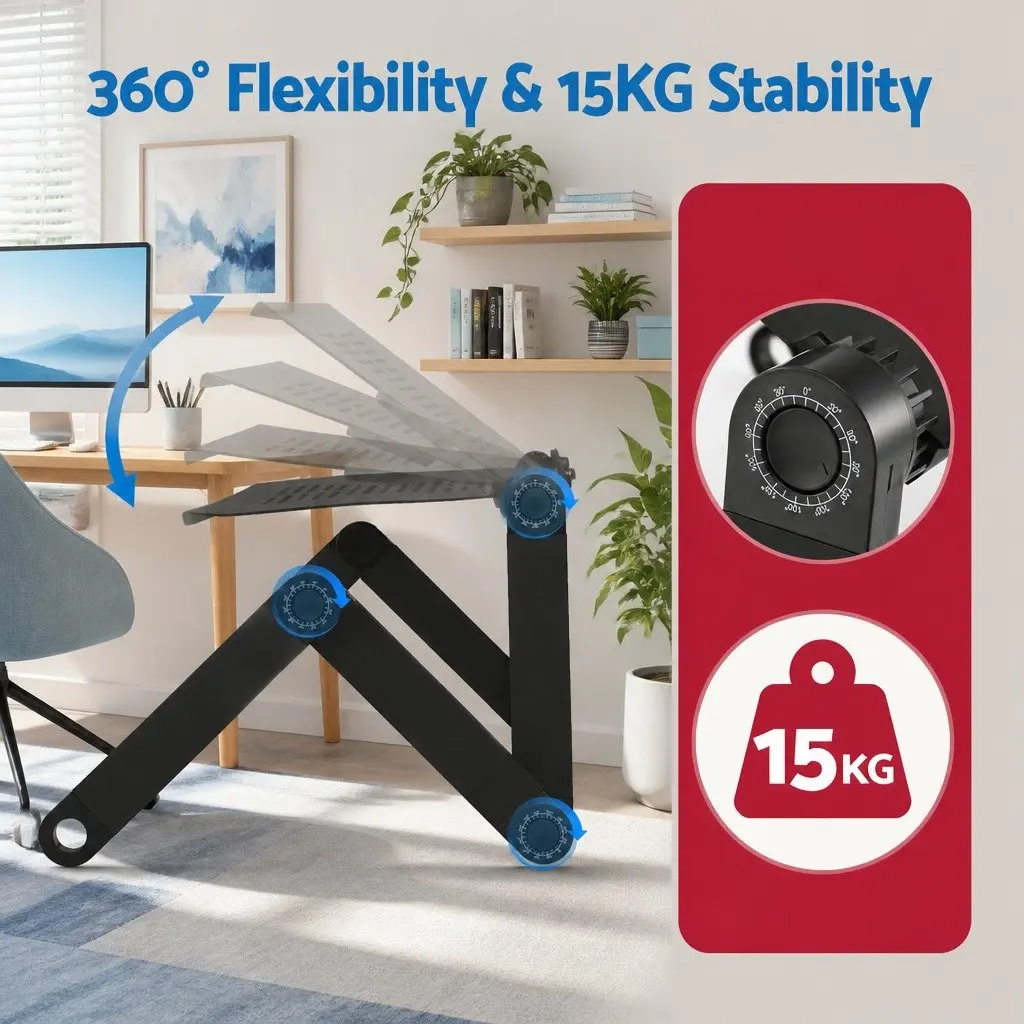 Laptop Stand Aluminium Foldable Portable Desk Bed Tray Adjustable Height and Angle Black