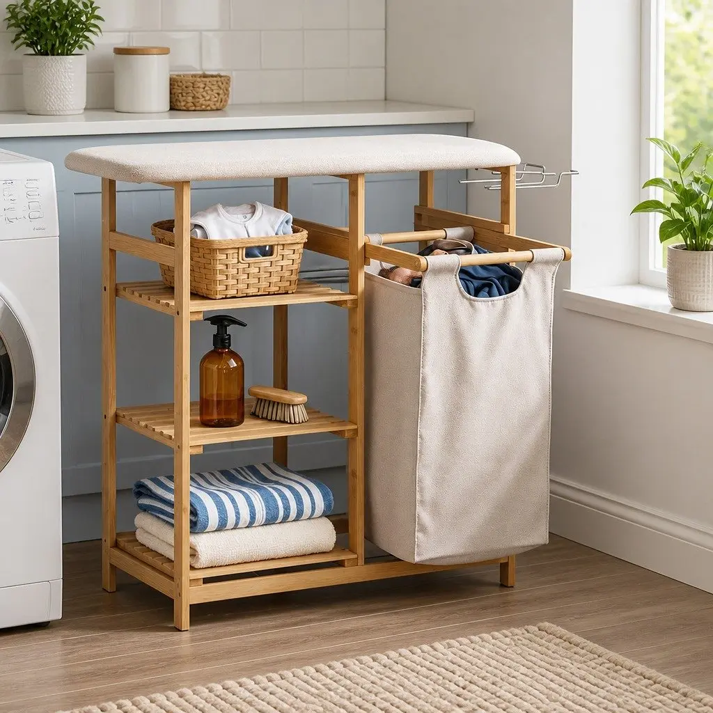 Laundry Basket Hamper with Ironing Board and 3 Storage Shelves Bamboo 38L Capacity