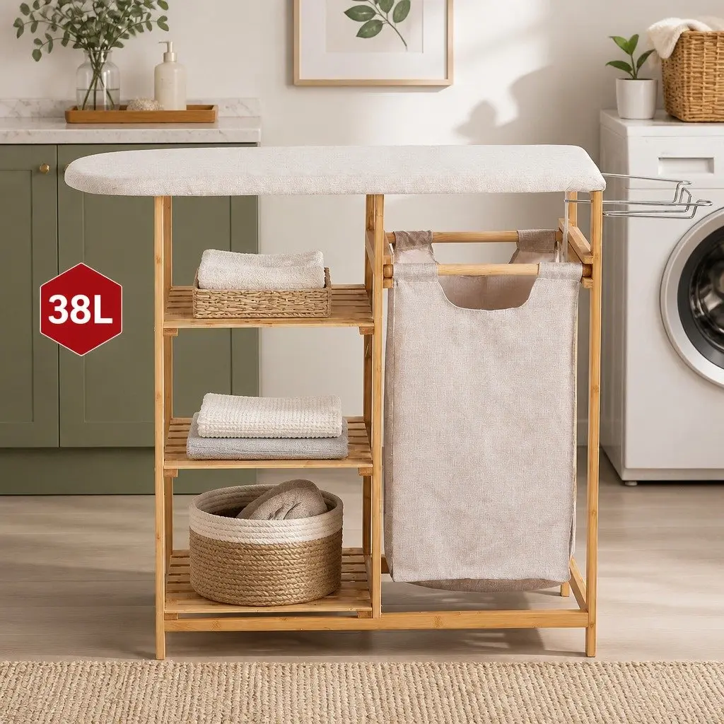 Laundry Basket Hamper with Ironing Board and 3 Storage Shelves Bamboo 38L Capacity