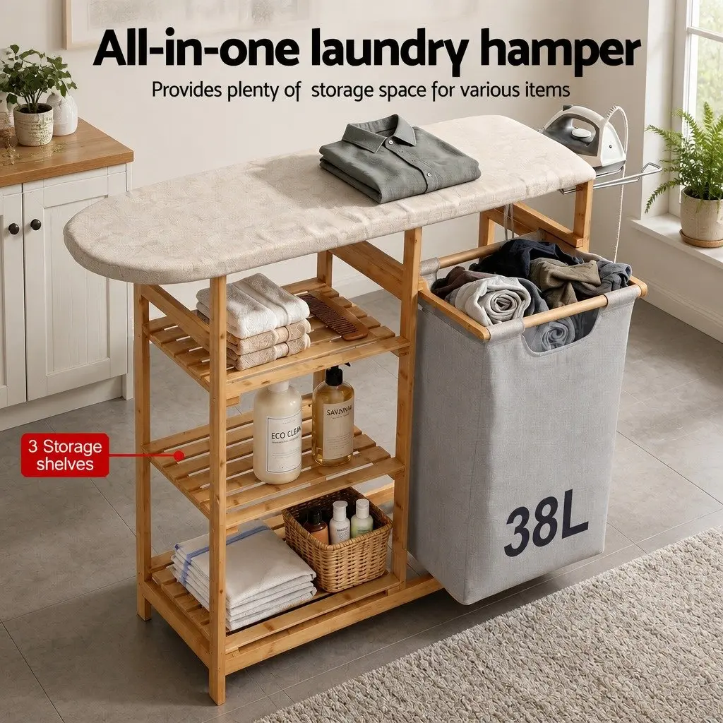 Laundry Basket Hamper with Ironing Board and 3 Storage Shelves Bamboo 38L Capacity