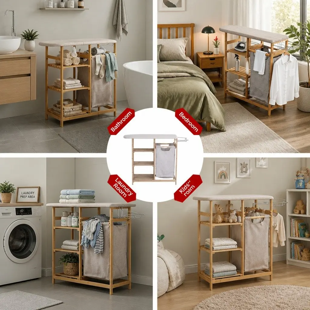 Laundry Basket Hamper with Ironing Board and 3 Storage Shelves Bamboo 38L Capacity