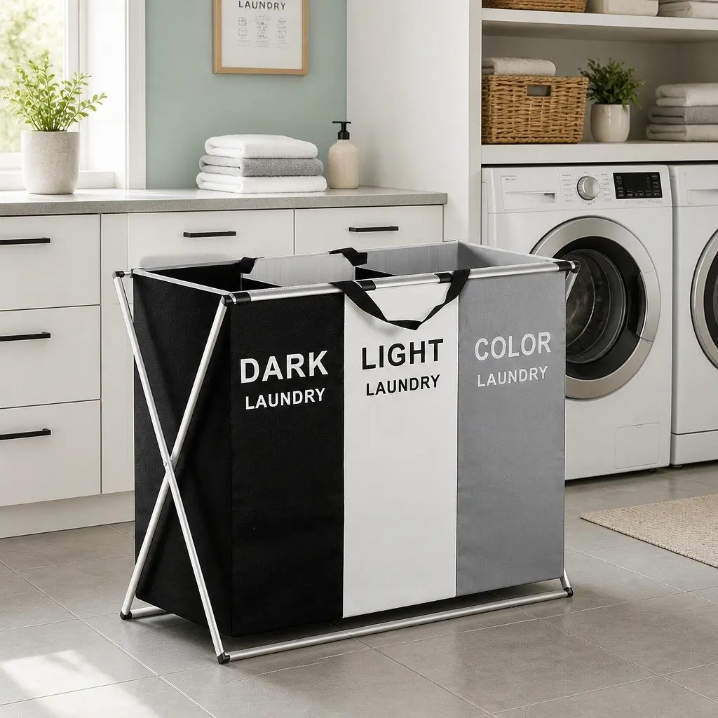 Large Foldable Laundry Basket 3 Compartment Clothes Organizer with Durable Frame and Easy Carry Handle
