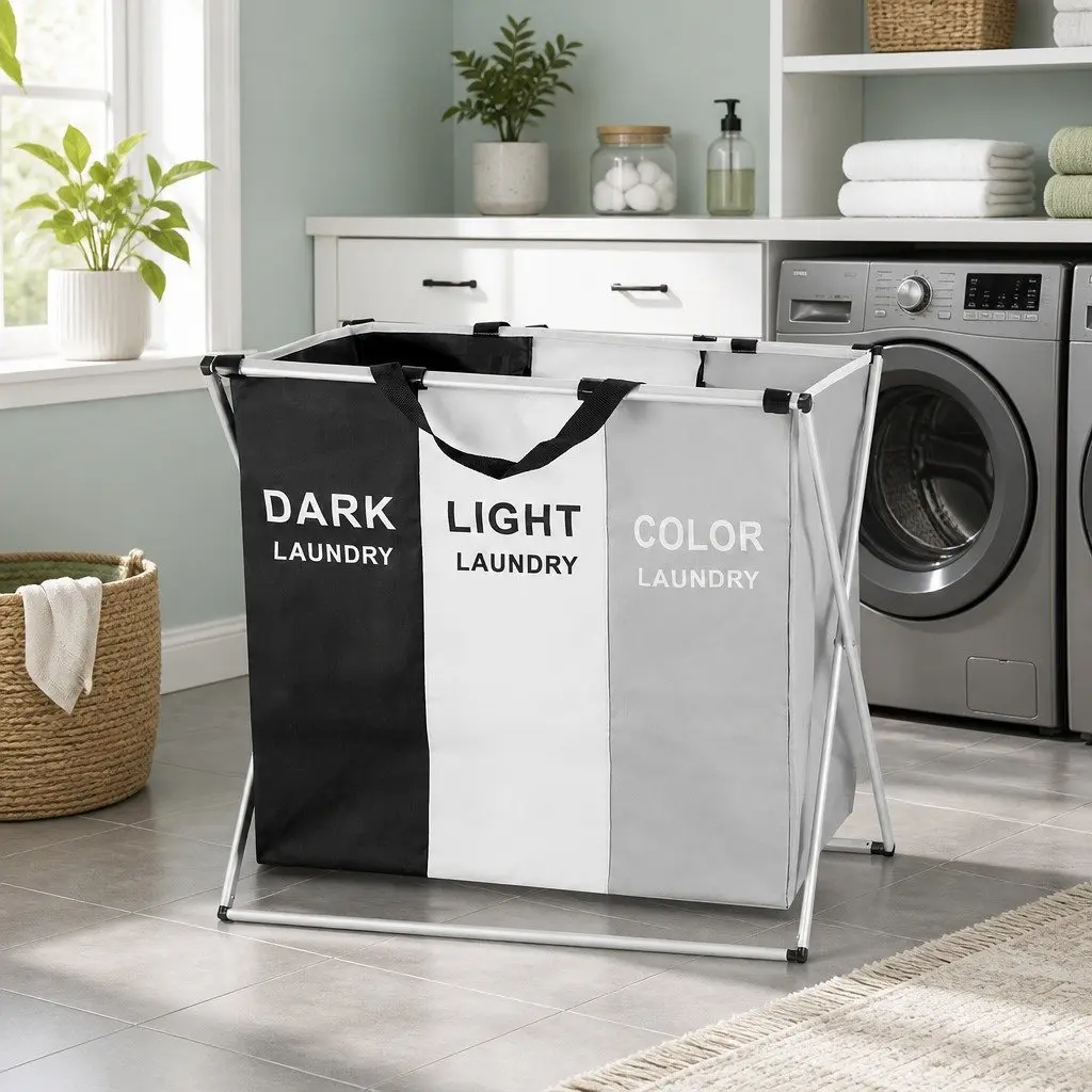 Large Foldable Laundry Basket 3 Compartment Clothes Organizer with Durable Frame and Easy Carry Handle