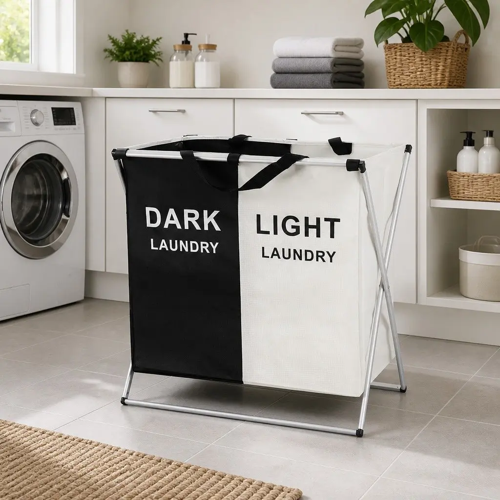 Foldable Laundry Basket Hamper 2 Sections Large Capacity Sturdy Frame