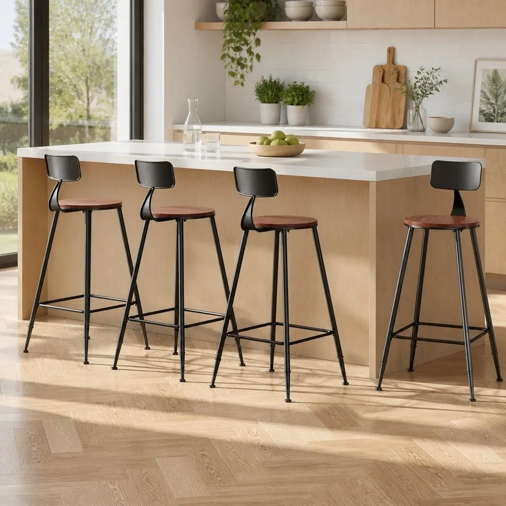 Bar Stools Set of 4 Industrial Metal Chairs with Pinewood Seat and Removable Backrest Black