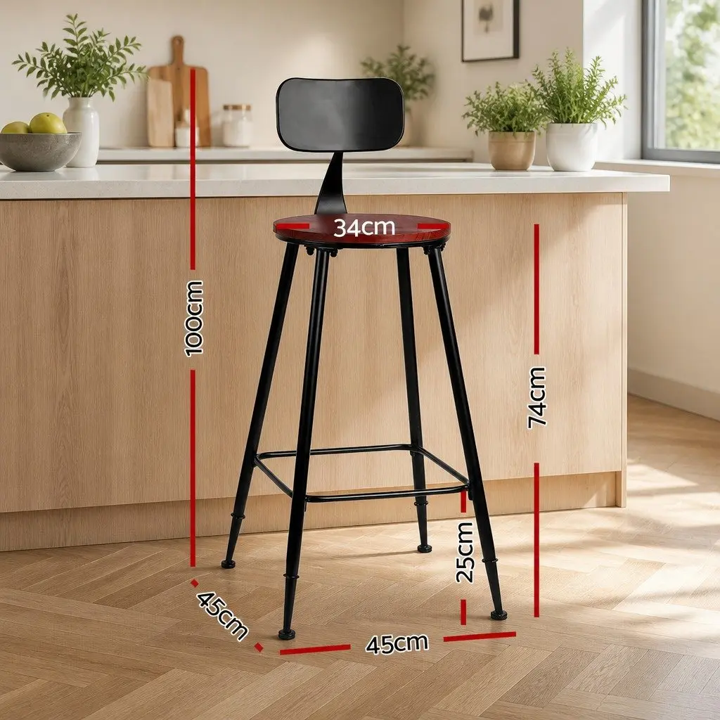 Bar Stools Set of 4 Industrial Metal Chairs with Pinewood Seat and Removable Backrest Black
