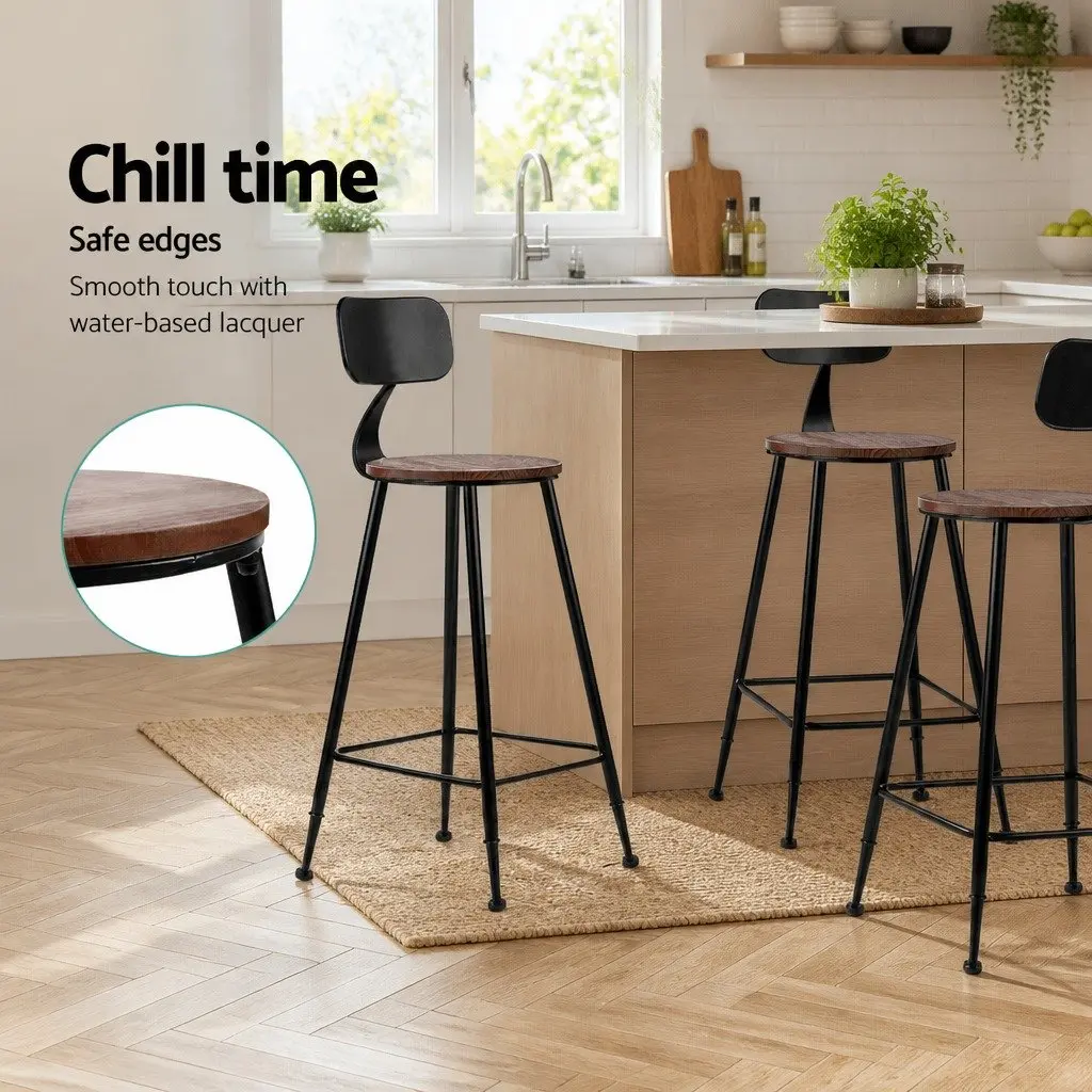 Bar Stools Set of 4 Industrial Metal Chairs with Pinewood Seat and Removable Backrest Black