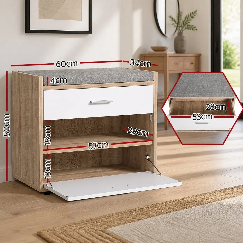 Shoe Storage Cabinet Bench 8 Pairs White Wood Adjustable Middle Panel