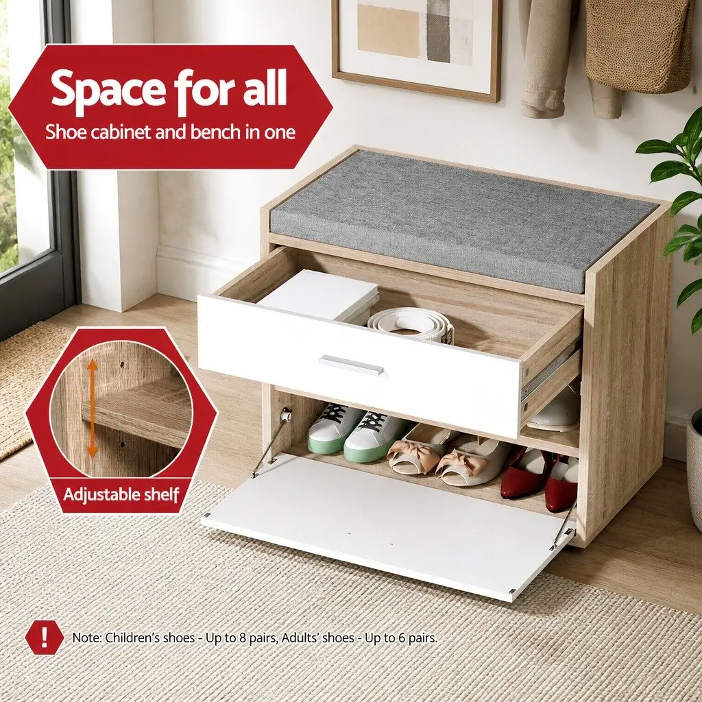 Shoe Storage Cabinet Bench 8 Pairs White Wood Adjustable Middle Panel