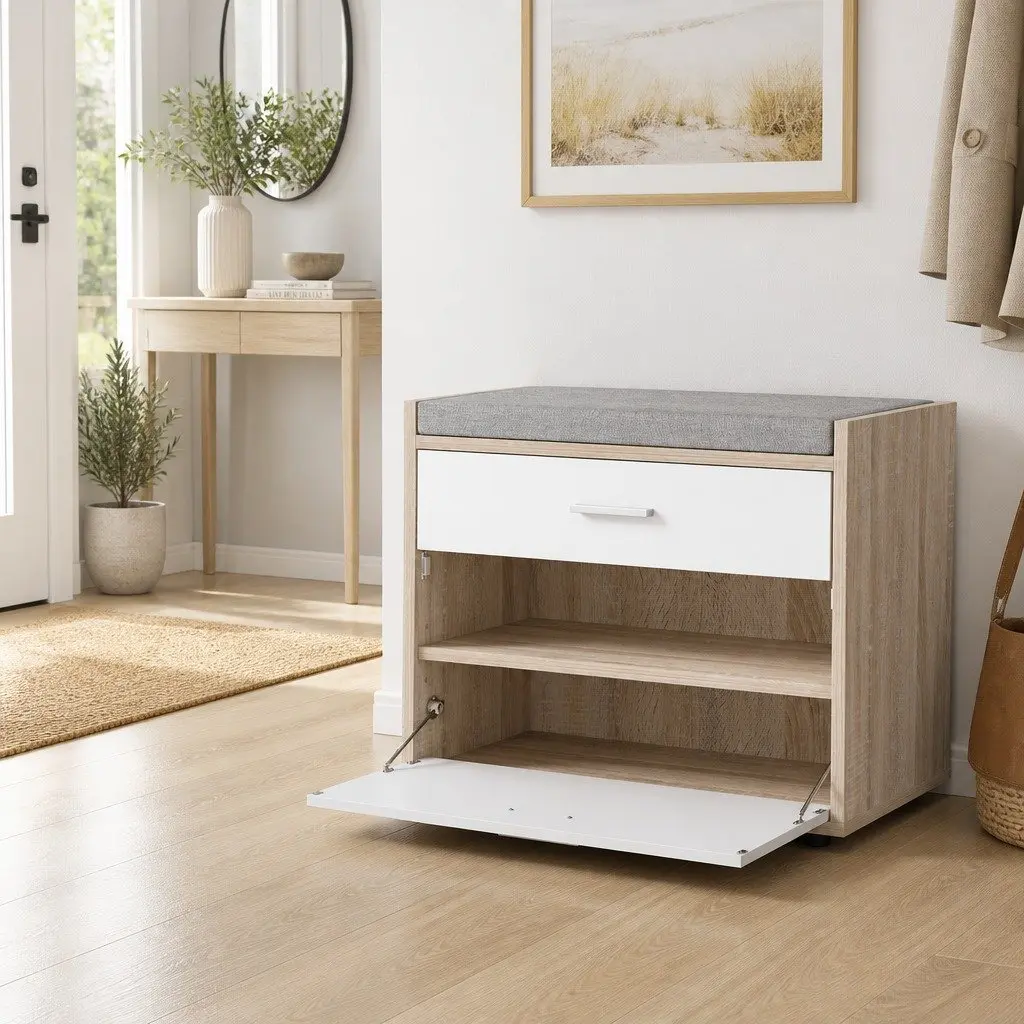 Shoe Storage Cabinet Bench 8 Pairs White Wood Adjustable Middle Panel