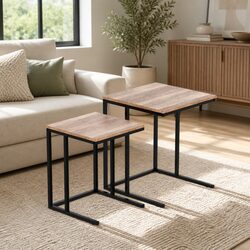 Nesting Side Table Set of 2 Industrial Style Space-Saving Coffee Table Dark Wood