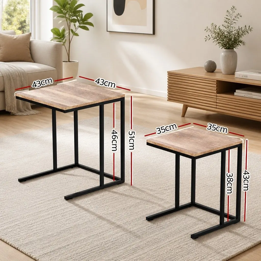 Industrial Style Nesting Side Table Set 2 Piece Dark Wood Space-Saving Coffee Table with Powder-Coated Steel Legs and Anti-Slip Base
