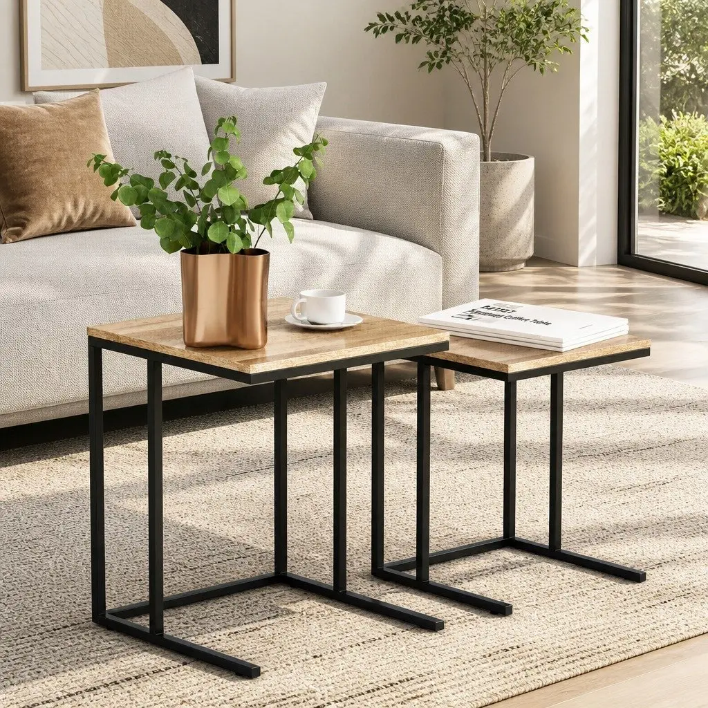 Industrial Style Nesting Side Table Set 2 Piece Dark Wood Space-Saving Coffee Table with Powder-Coated Steel Legs and Anti-Slip Base