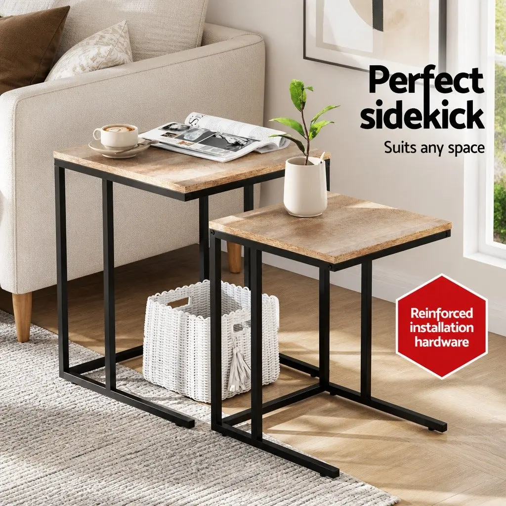 Industrial Style Nesting Side Table Set 2 Piece Dark Wood Space-Saving Coffee Table with Powder-Coated Steel Legs and Anti-Slip Base