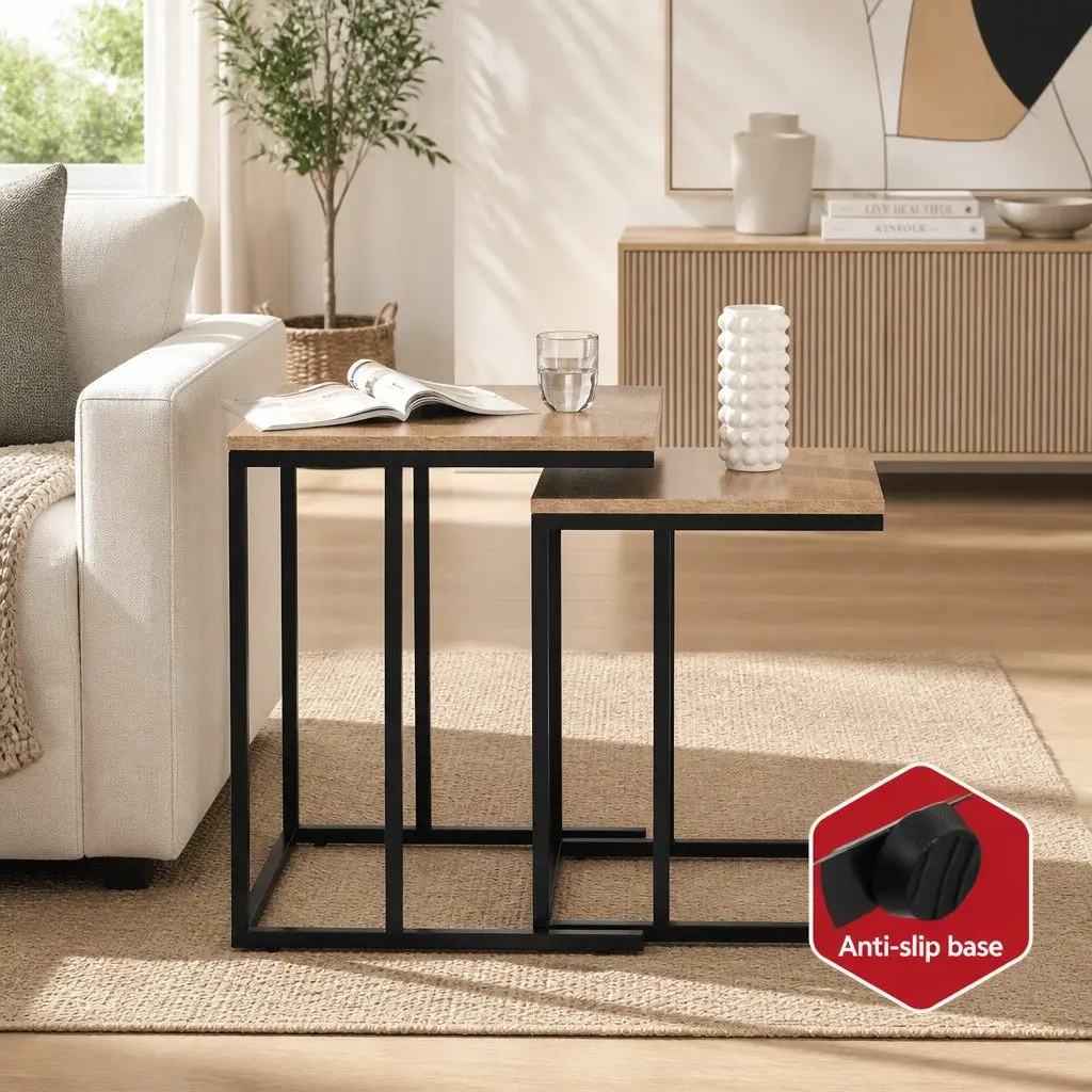 Industrial Style Nesting Side Table Set 2 Piece Dark Wood Space-Saving Coffee Table with Powder-Coated Steel Legs and Anti-Slip Base
