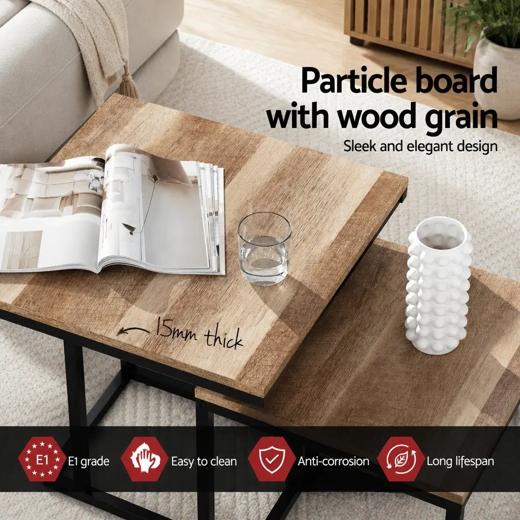 Industrial Style Nesting Side Table Set 2 Piece Dark Wood Space-Saving Coffee Table with Powder-Coated Steel Legs and Anti-Slip Base