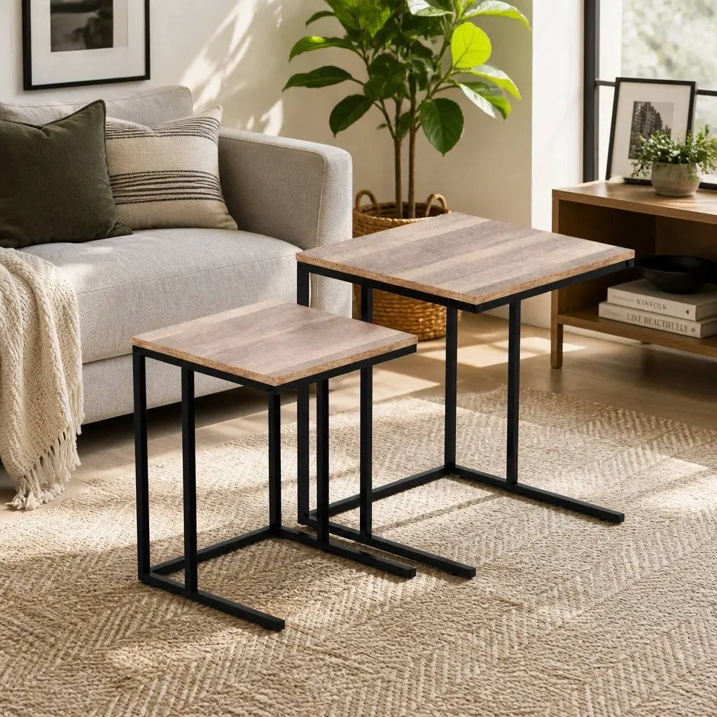Industrial Style Nesting Side Table Set 2 Piece Dark Wood Space-Saving Coffee Table with Powder-Coated Steel Legs and Anti-Slip Base