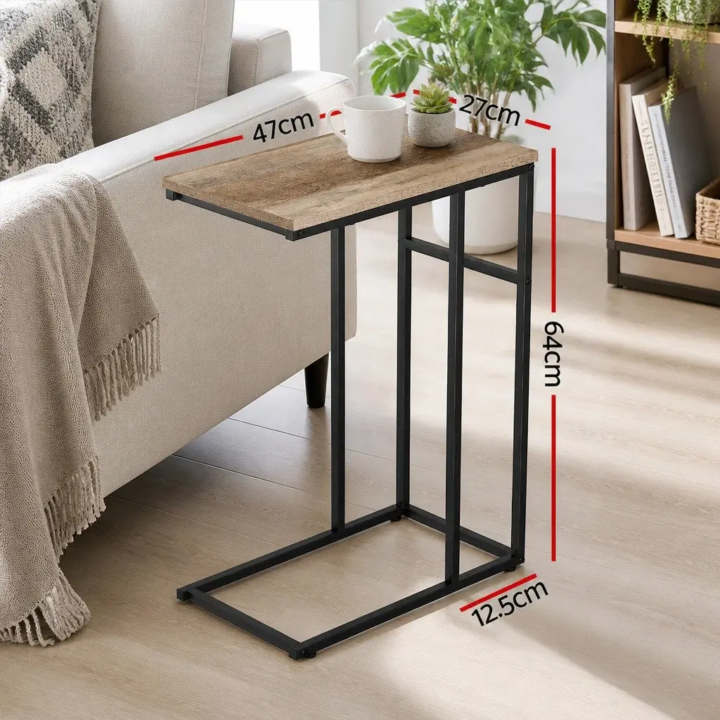 Industrial Side Table C-Shape Compact Living Room Furniture Wood Steel Legs
