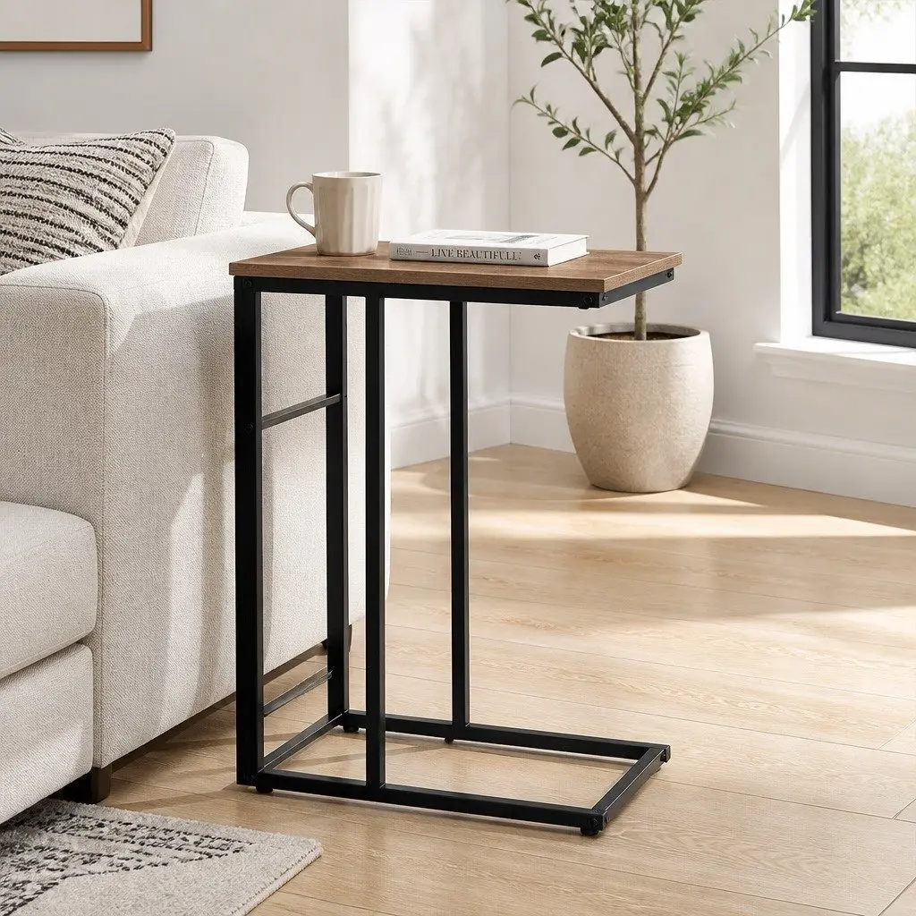 Industrial Side Table C-Shape Compact Living Room Furniture Wood Steel Legs