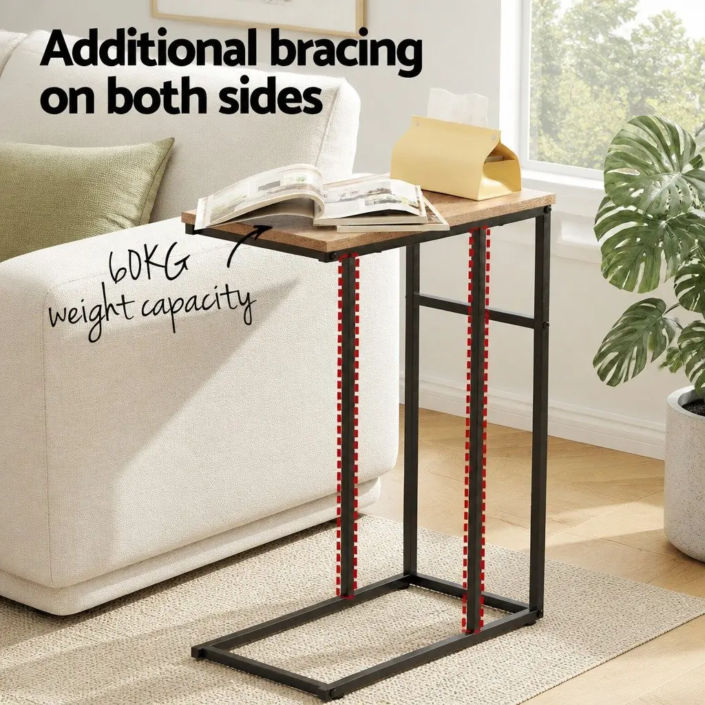 Industrial Side Table C-Shape Compact Living Room Furniture Wood Steel Legs
