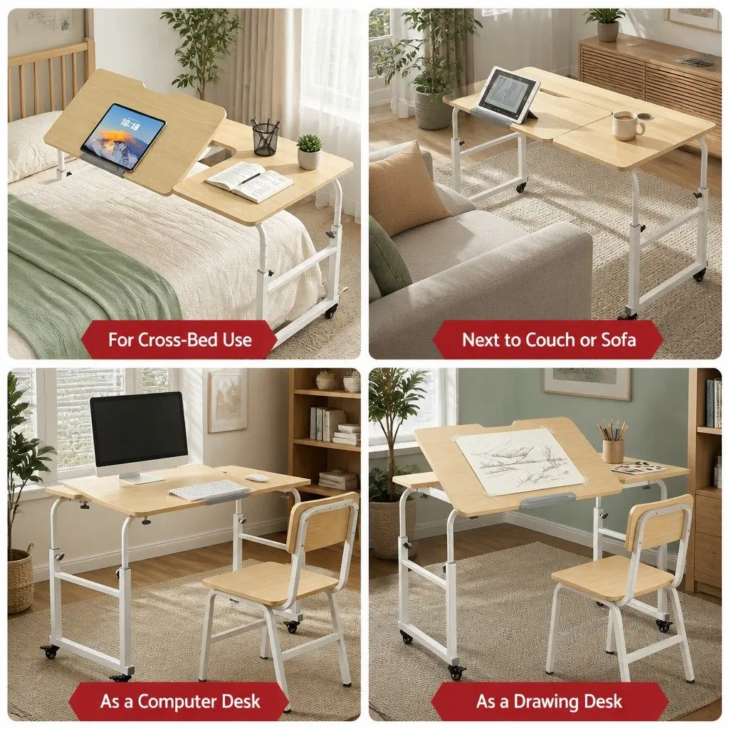 Adjustable Mobile Laptop Desk Natural Height and Width Adjustable Tilting Desktop with Lockable Wheels