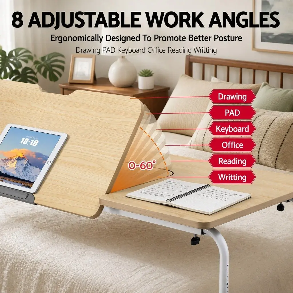 Adjustable Mobile Laptop Desk Natural Height and Width Adjustable Tilting Desktop with Lockable Wheels