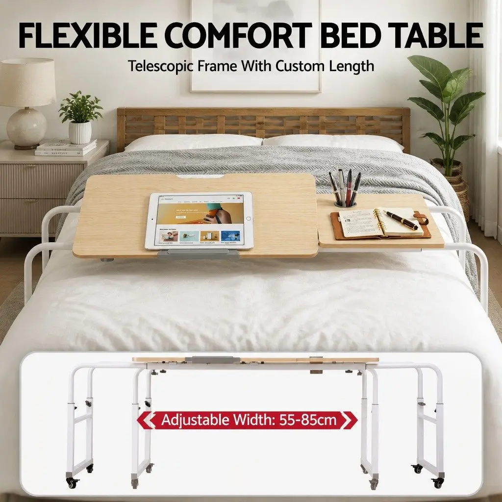 Adjustable Mobile Laptop Desk Natural Height and Width Adjustable Tilting Desktop with Lockable Wheels