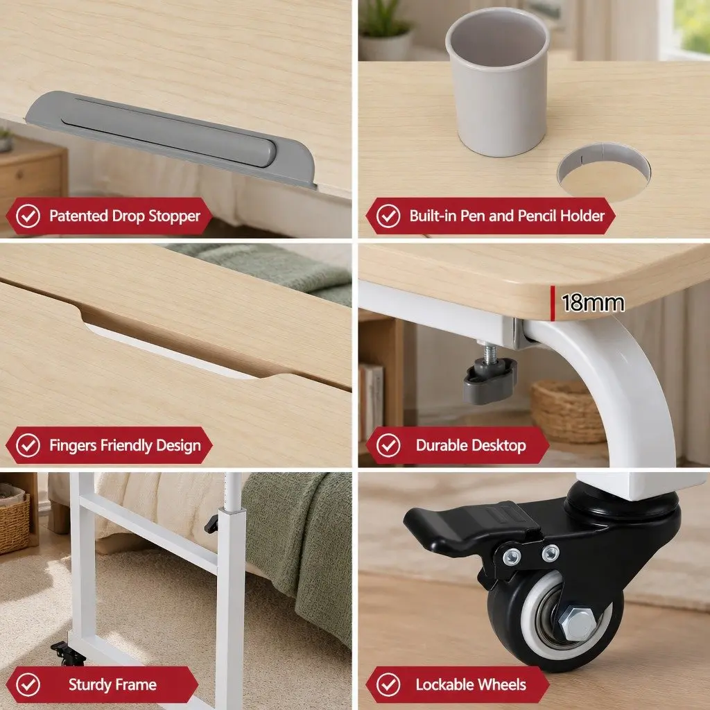 Adjustable Mobile Laptop Desk Natural Height and Width Adjustable Tilting Desktop with Lockable Wheels