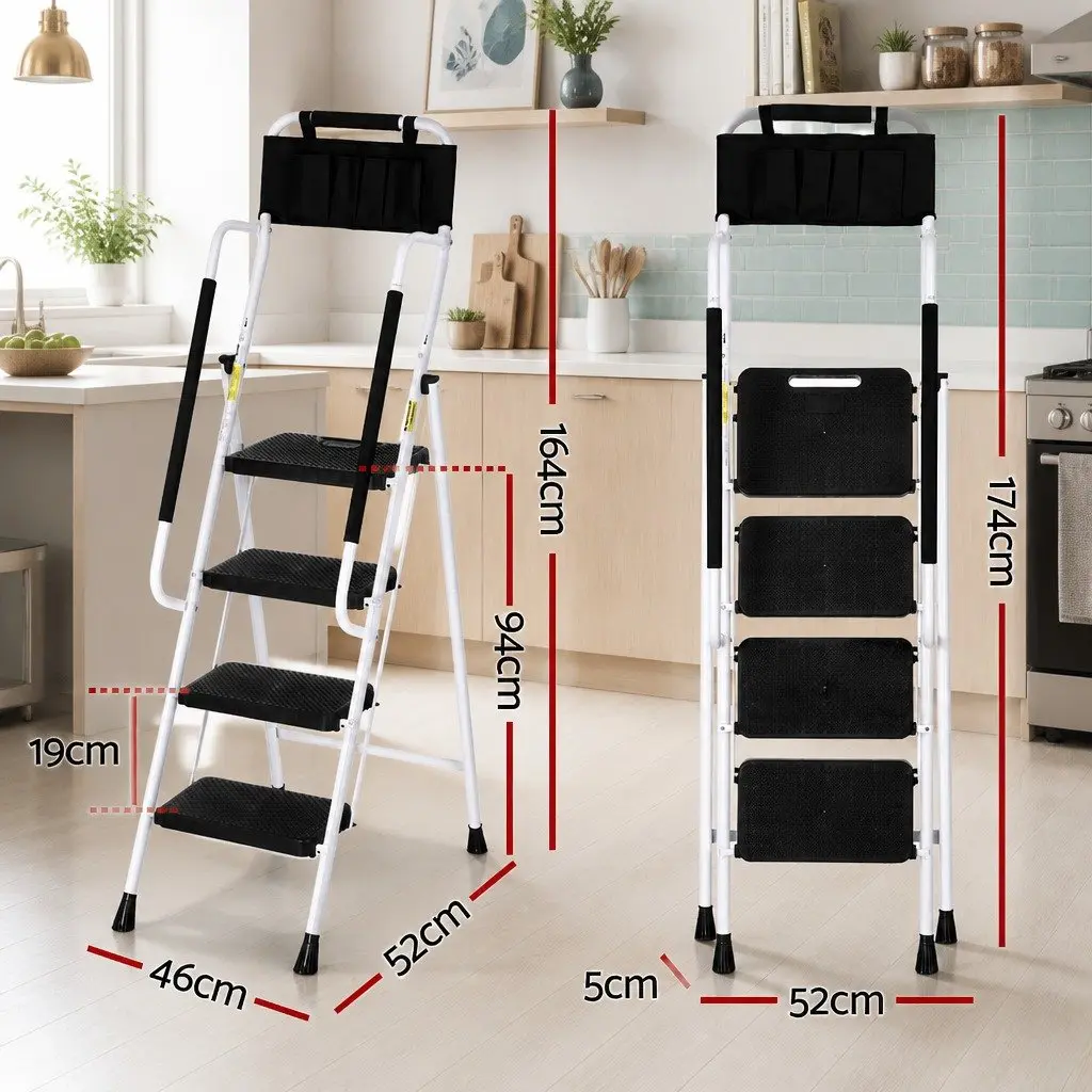 4 Step Ladder Folding Steel Multi-Purpose with Tool Bag Non-Slip Treads Handrails