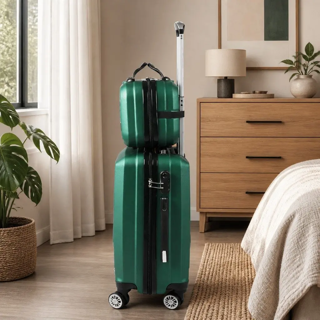 Luggage Set 2 Piece 20 Inch Suitcase 12 Inch Vanity Bag Carry-On Trolley Green