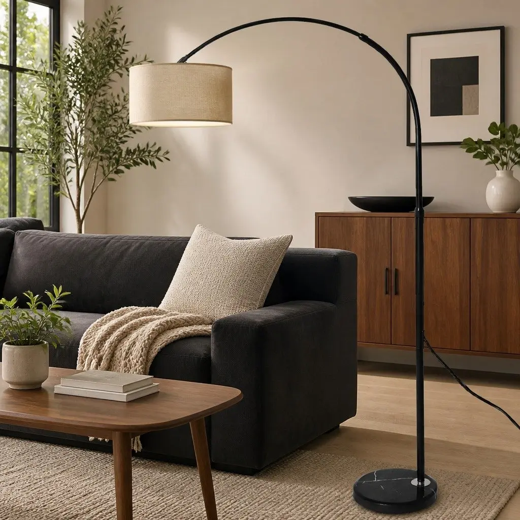 Adjustable Arm LED Floor Lamp Marble Base 145cm to 175cm Grey Black