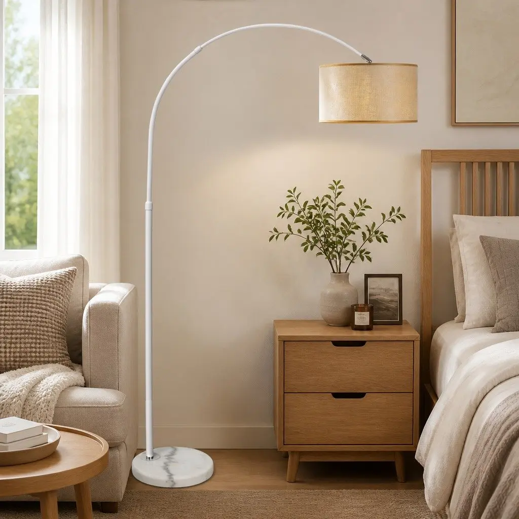 LED Floor Lamp Adjustable Arm Marble Base Linen Shade