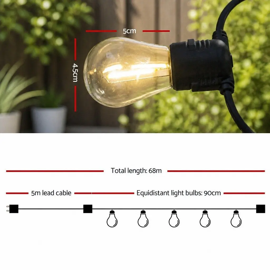 Festoon String Lights 68m Warm White LED Outdoor Waterproof for Weddings Parties Garden