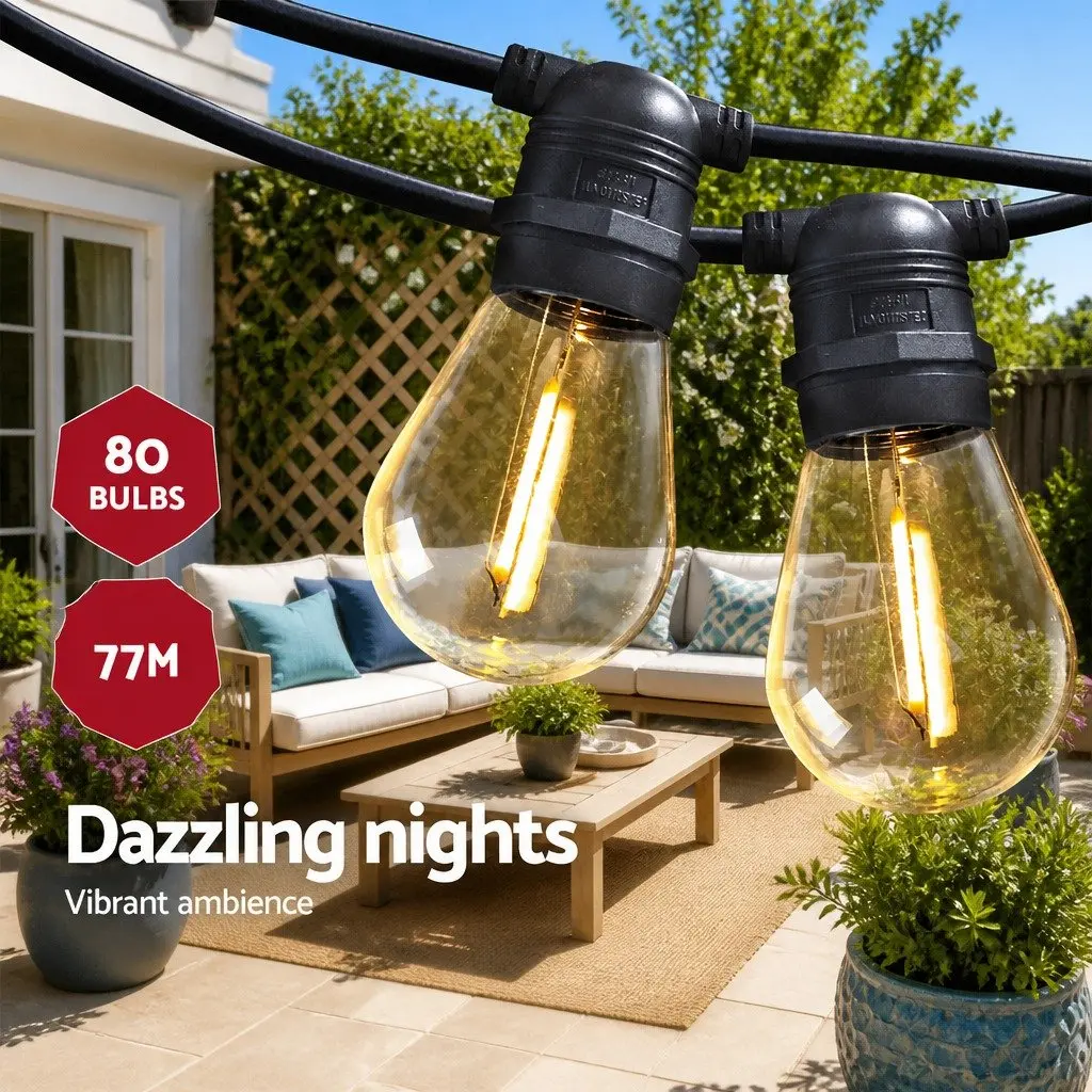LED Festoon String Lights 77m Warm White Outdoor Waterproof for Garden Wedding Party
