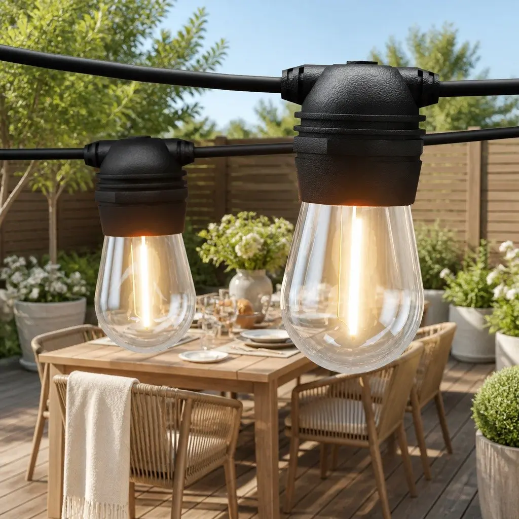 Solar Festoon String Lights 34m Warm White LED Outdoor Decoration with Auto On Off Light Sensor and Four Lighting Modes
