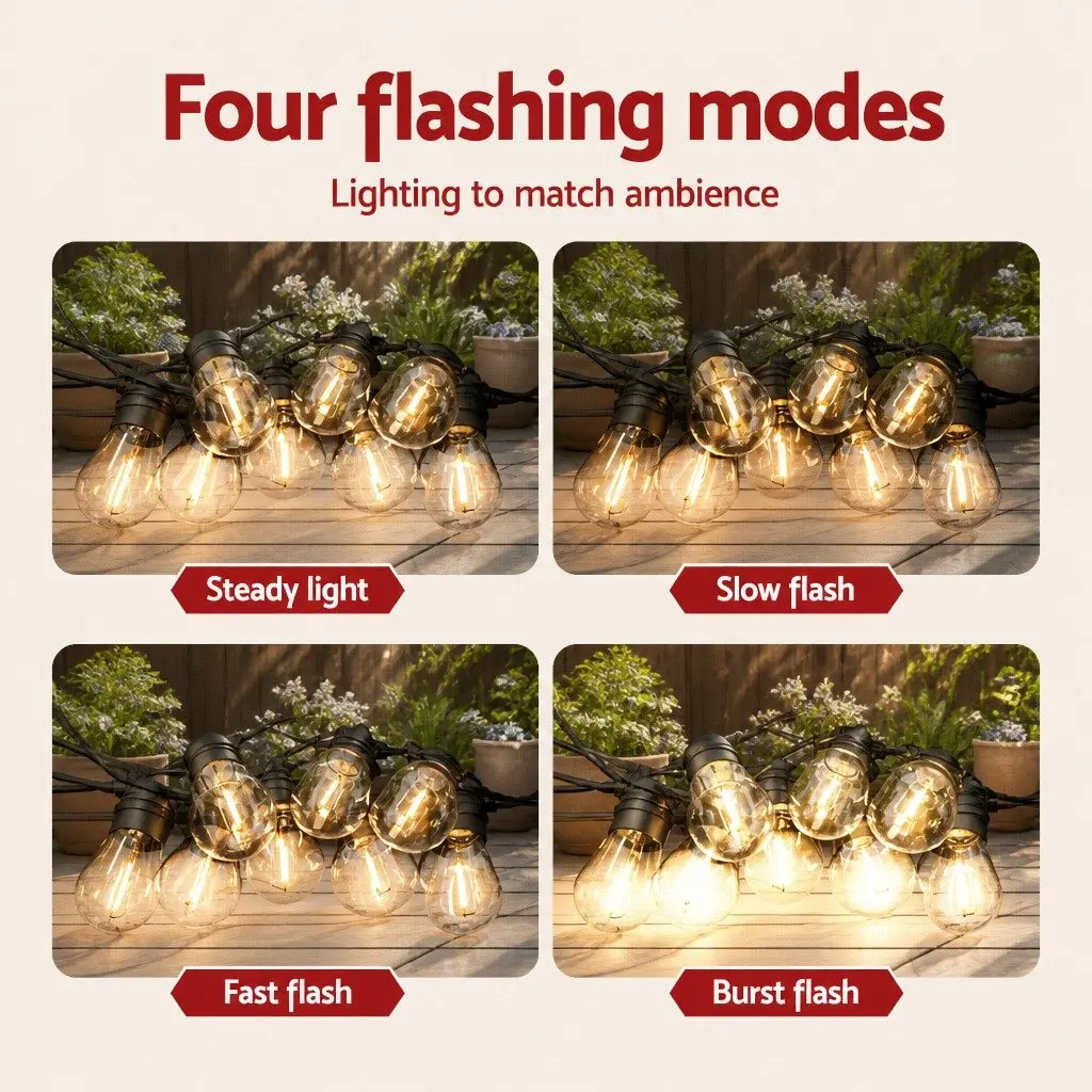 Solar Festoon String Lights 34m Warm White LED Outdoor Decoration with Auto On Off Light Sensor and Four Lighting Modes