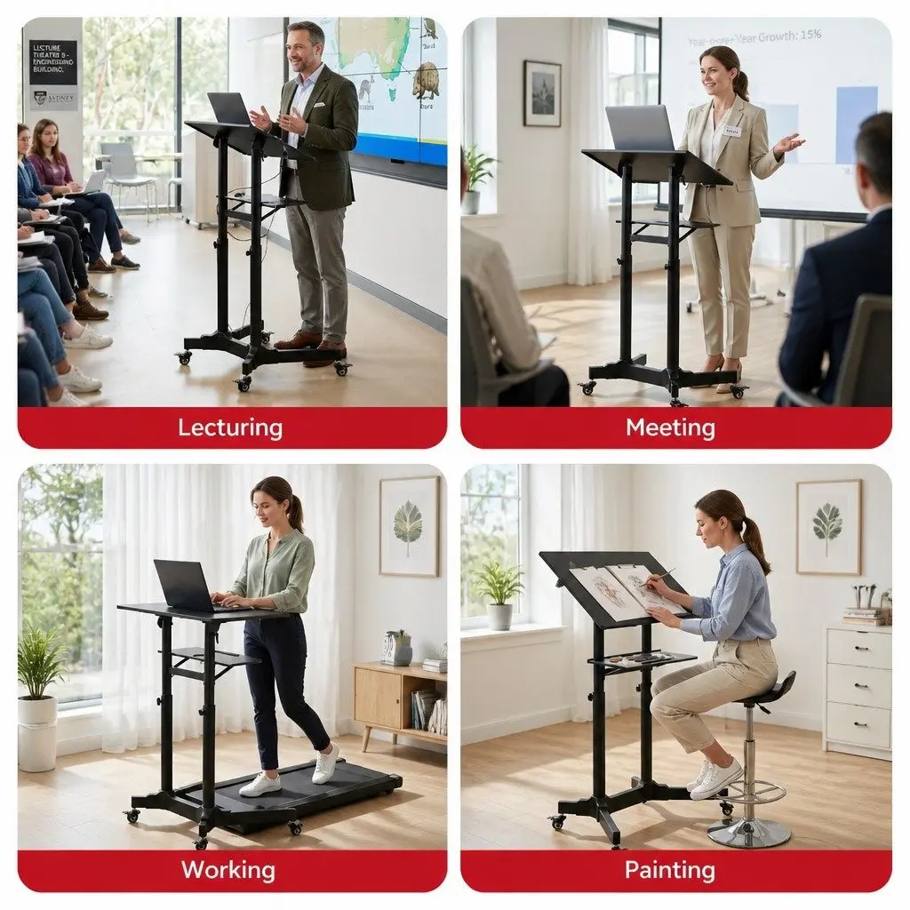 Mobile Lectern Stand Height Adjustable with Rolling Wheels for Presentations and Meetings