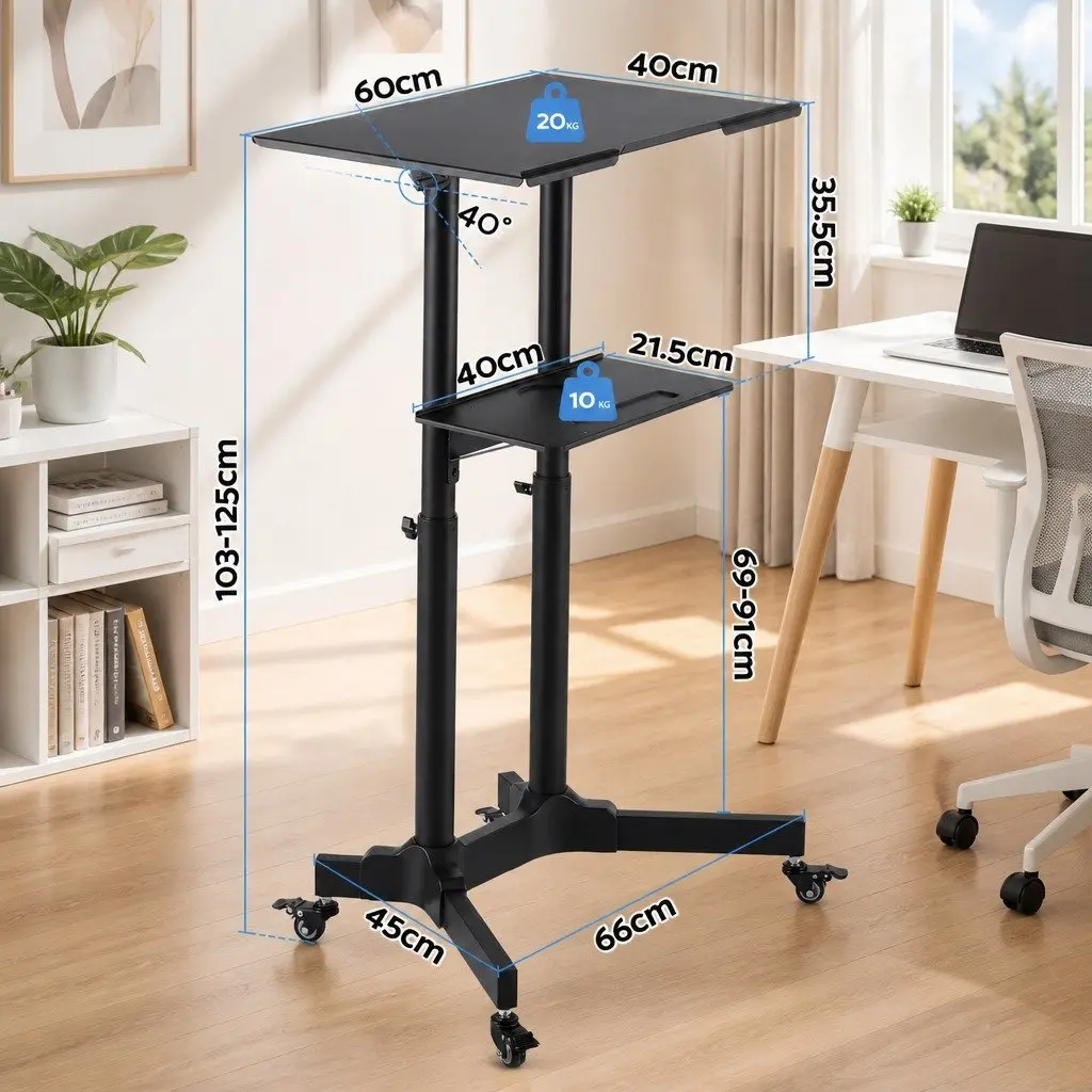 Mobile Lectern Stand Height Adjustable with Rolling Wheels for Presentations and Meetings